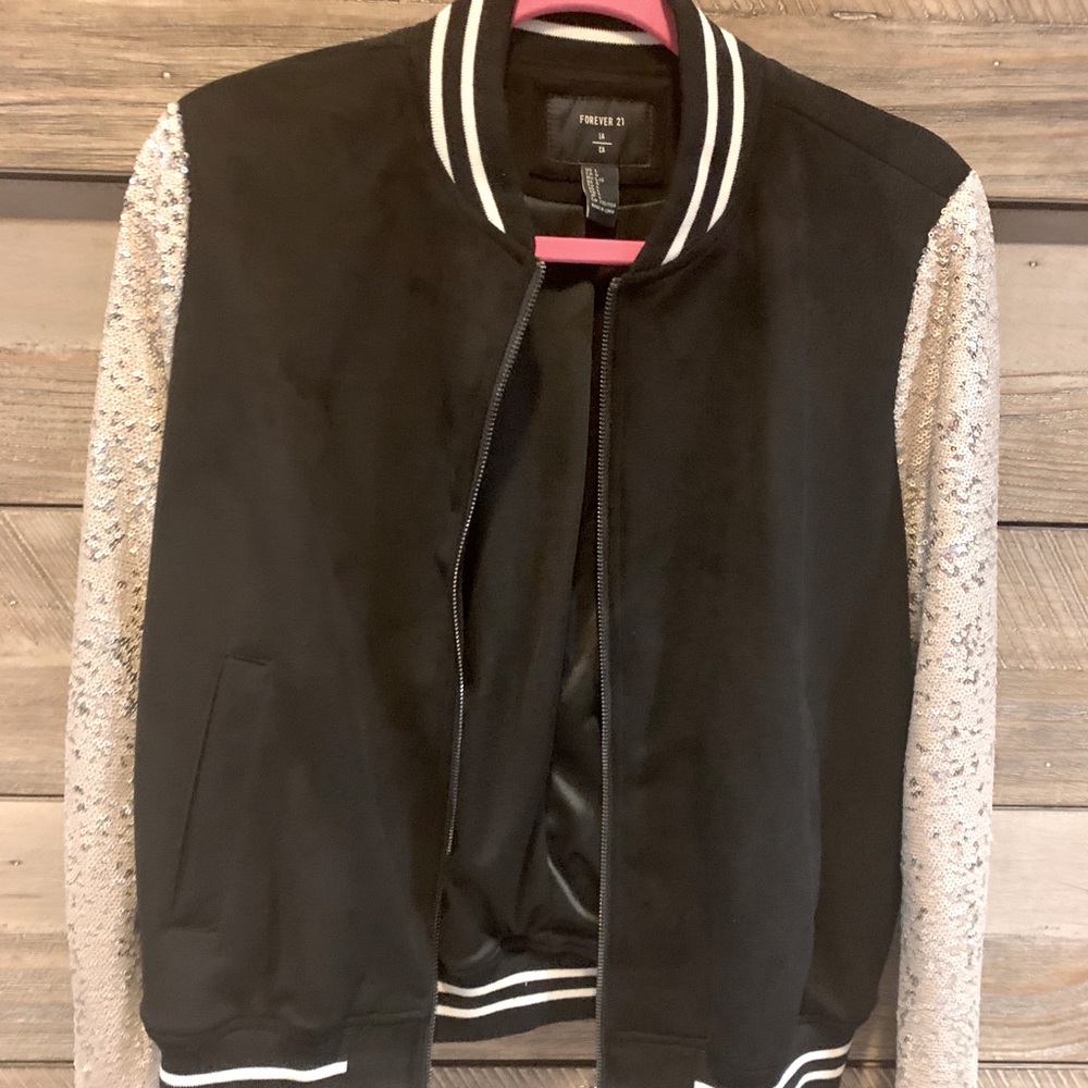 Sequin Sleeve Faux Suede Varsity Jacket - Picture 3 of 7